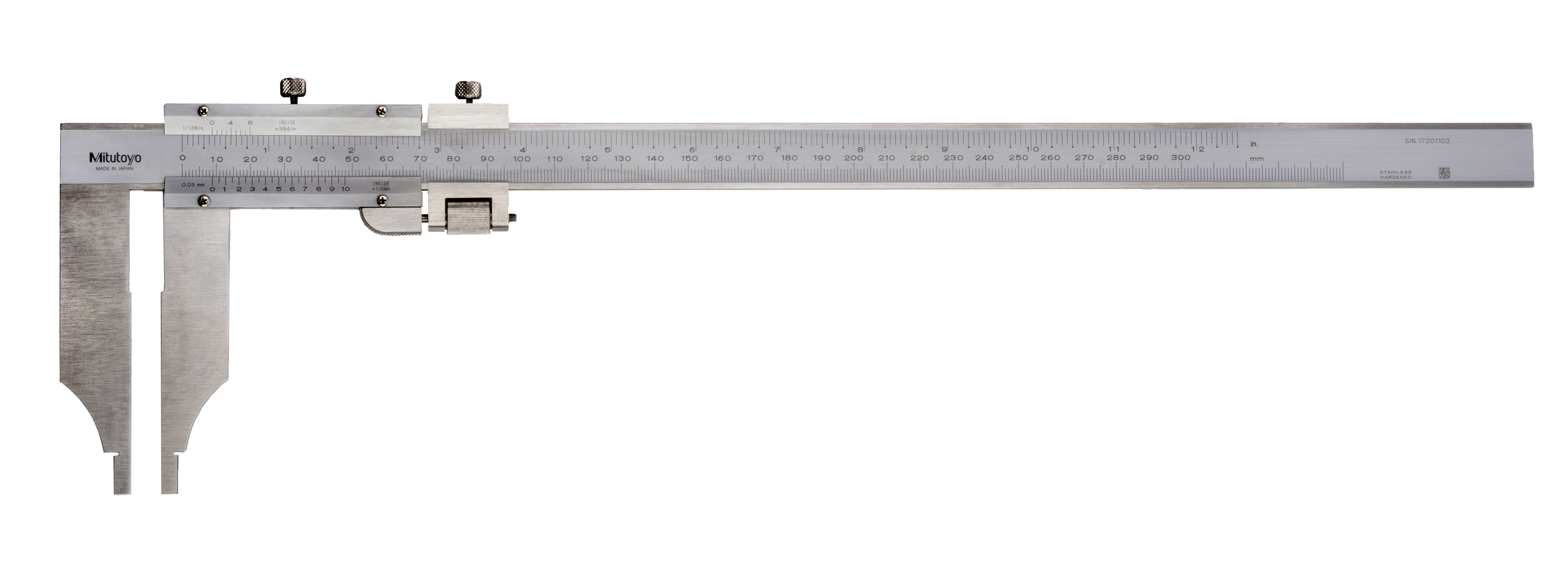 Mitutoyo, 534-101, 0(10)-300mm/0(.3 In)-12 In long-jaw vernier caliper, +/- 0.07mm accuracy, 0.05mm-1/128 In graduation, 460g with metric/inch dual scale