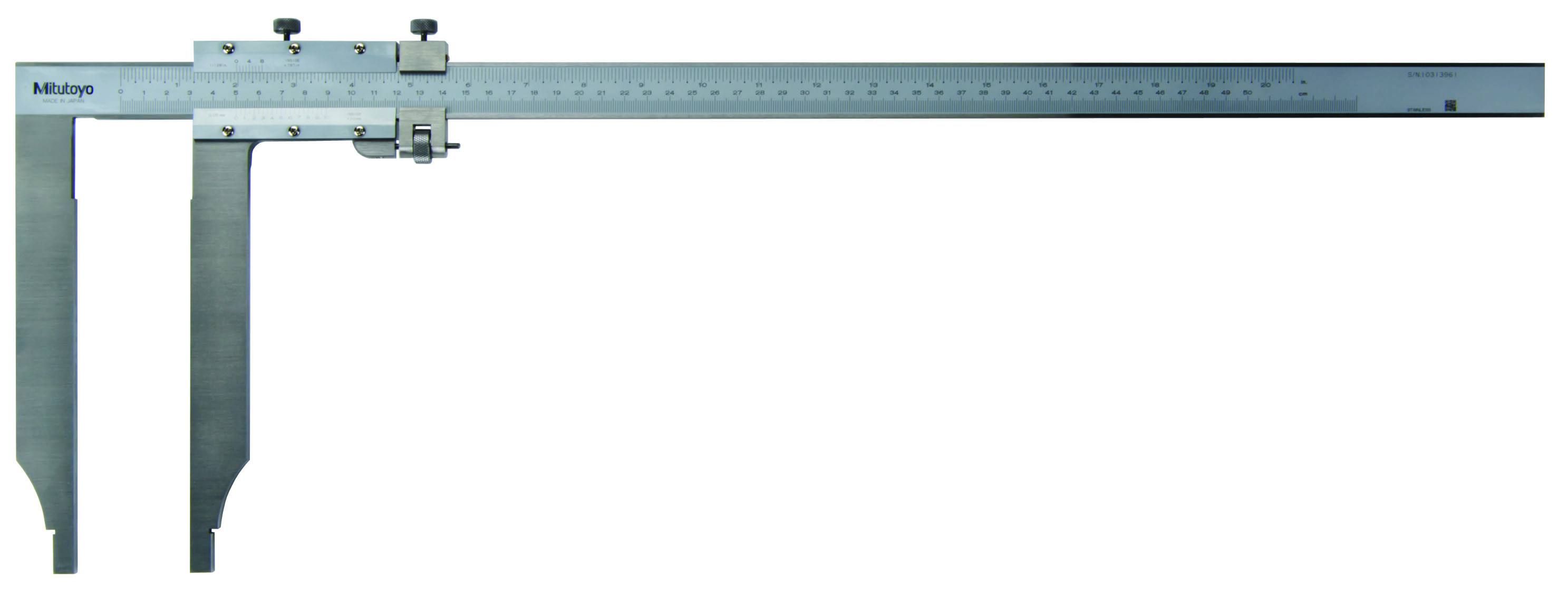 Mitutoyo, 534-102, Long-jaw vernier caliper, metric/inch dual scale, 0(20)-500mm/0(.8 In)-20 In  range, .13mm accuracy, .05mm lower scale/1/128 In upper scare graduation, 1,500g mass
