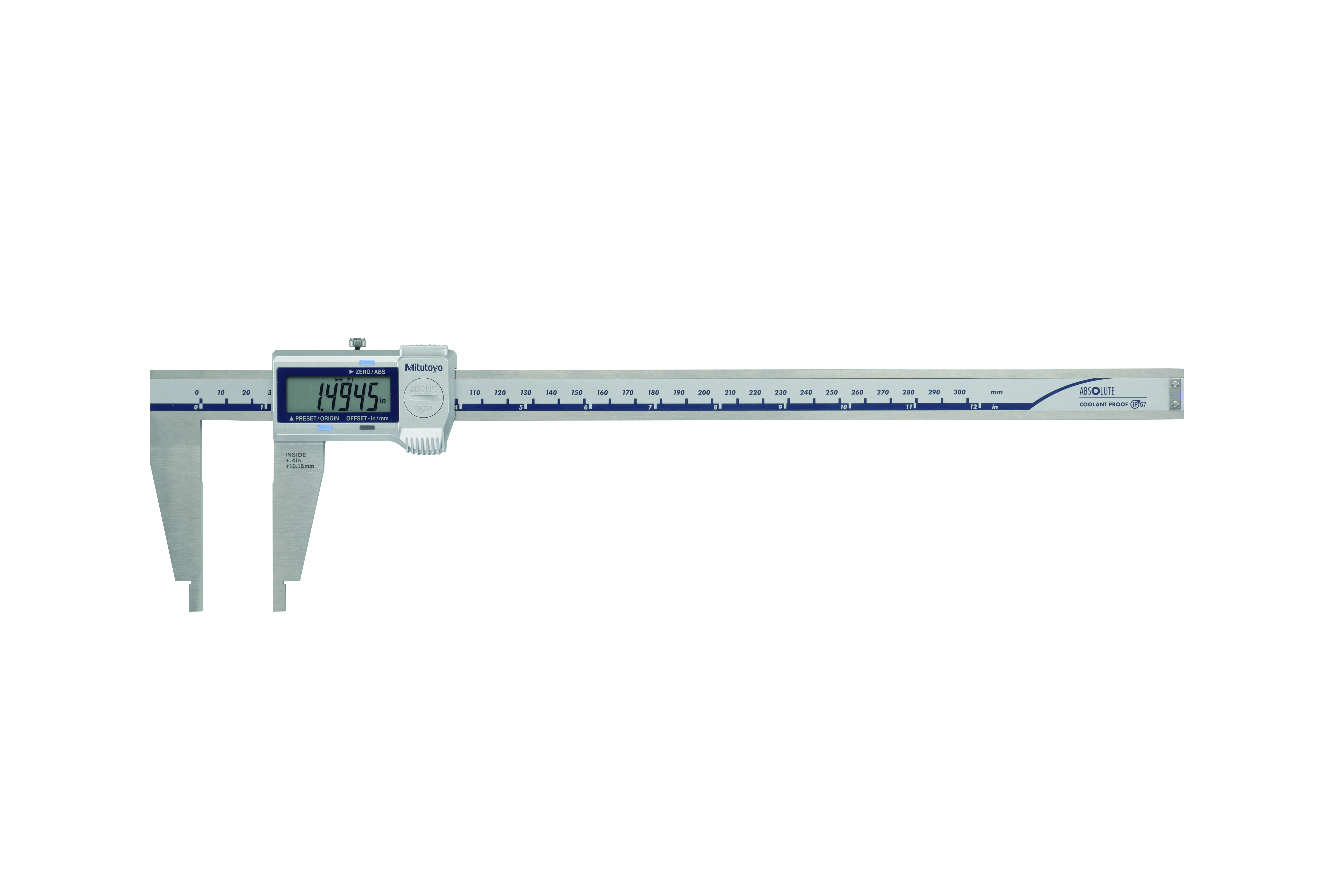 Mitutoyo, 550-341-20, 0 (.4)-12 In/0 (10)-300mm, .0005 In/0.01mm, IP67 ABSOLUTE Digimatic Nib Jaw Caliper,  With SPC Data Output, No Depth Bar