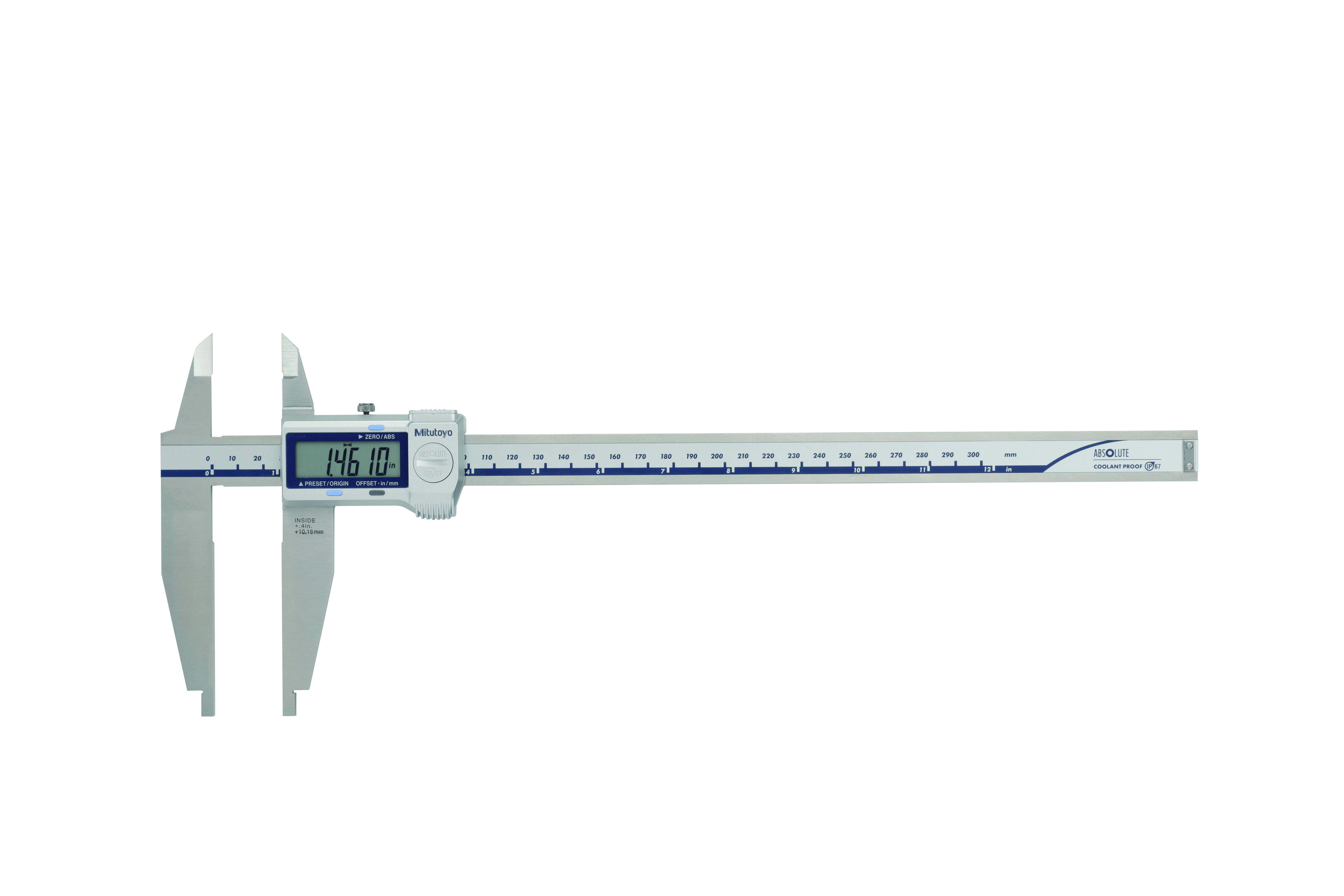 Mitutoyo, 551-341-20, 0 (.4)-12 In/0 (10)-300mm, .0005 In/0.01mm, IP67 ABSOLUTE Digimatic Nib and Standard Jaw Caliper,  With SPC Data Output, No Depth Bar