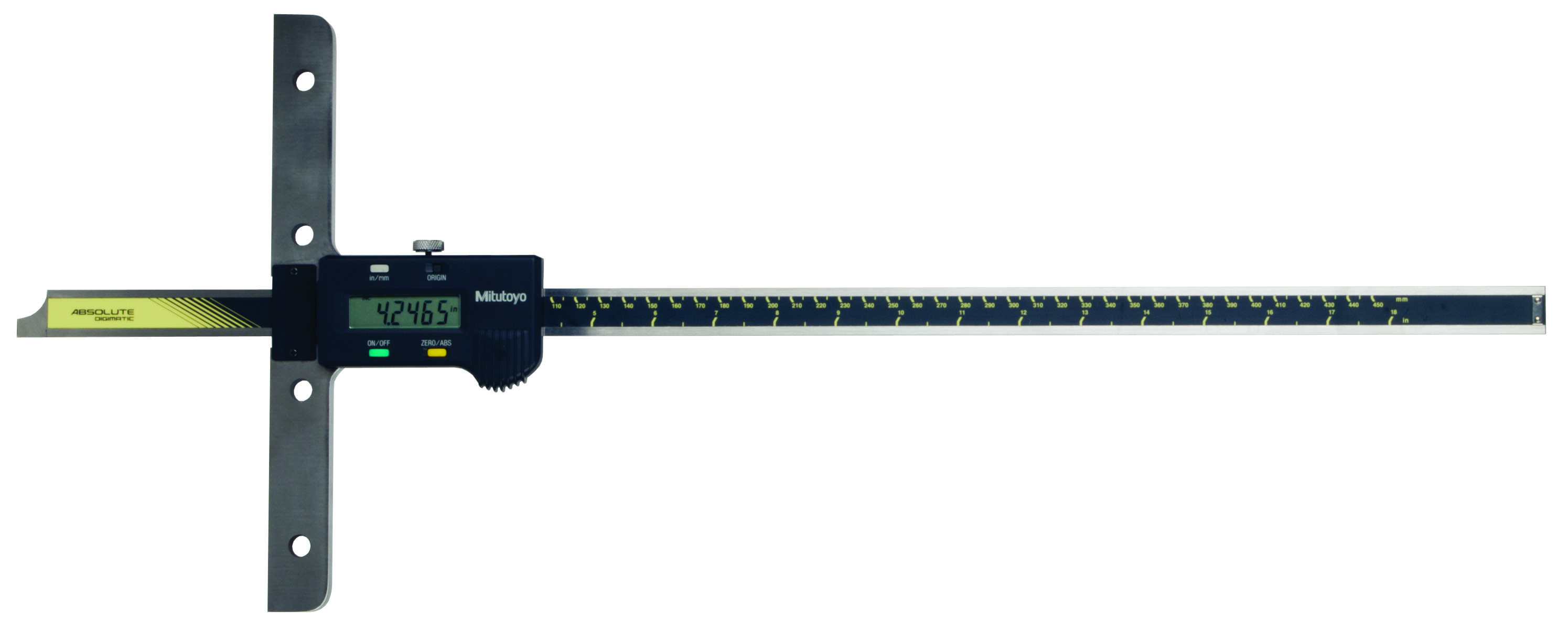 Mitutoyo, 571-214-10, 0-18 In/450mm, .0005 In/0.01mm, ABSOLUTE Digimatic Depth Gage, With SPC Data Output