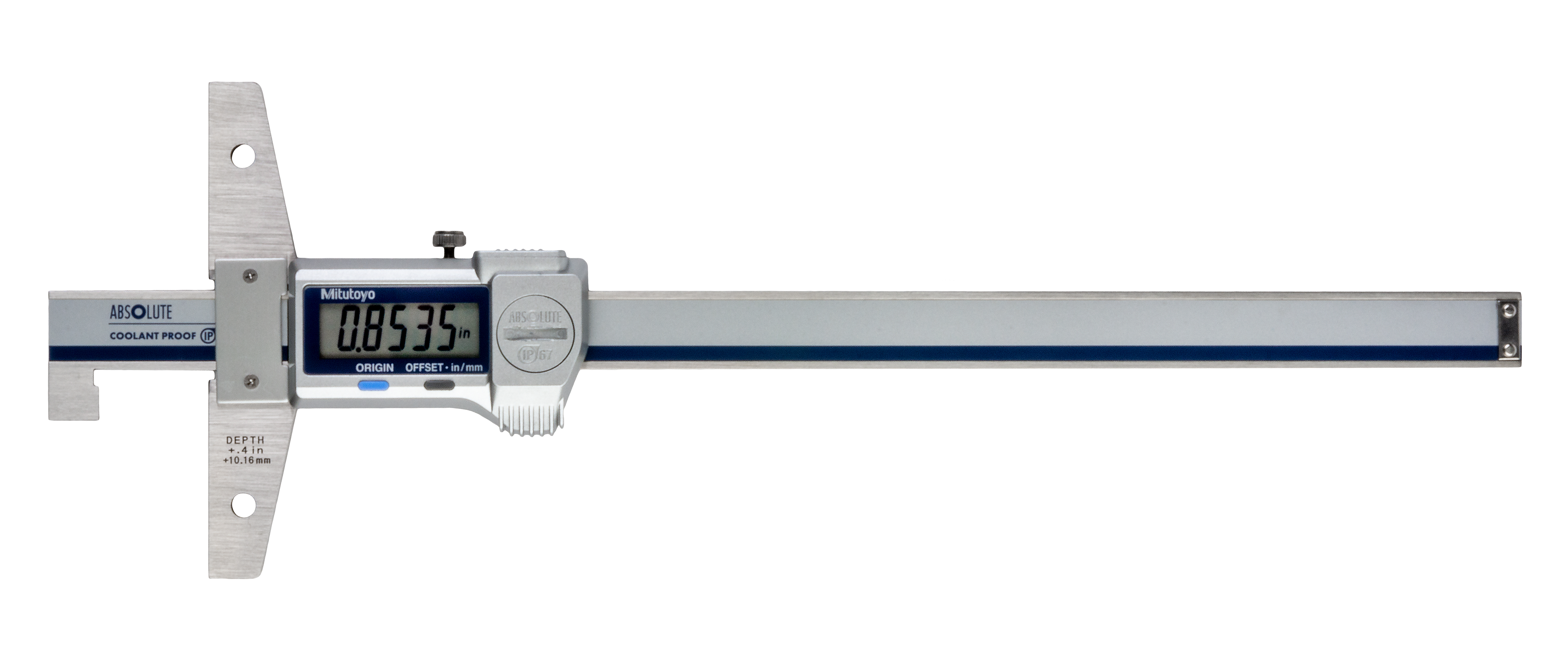 Mitutoyo, 571-265-20, Absolute digimatic depth gage, Hook-End type, .8in/200mm range, .0005in/.01mm resolution, 598g