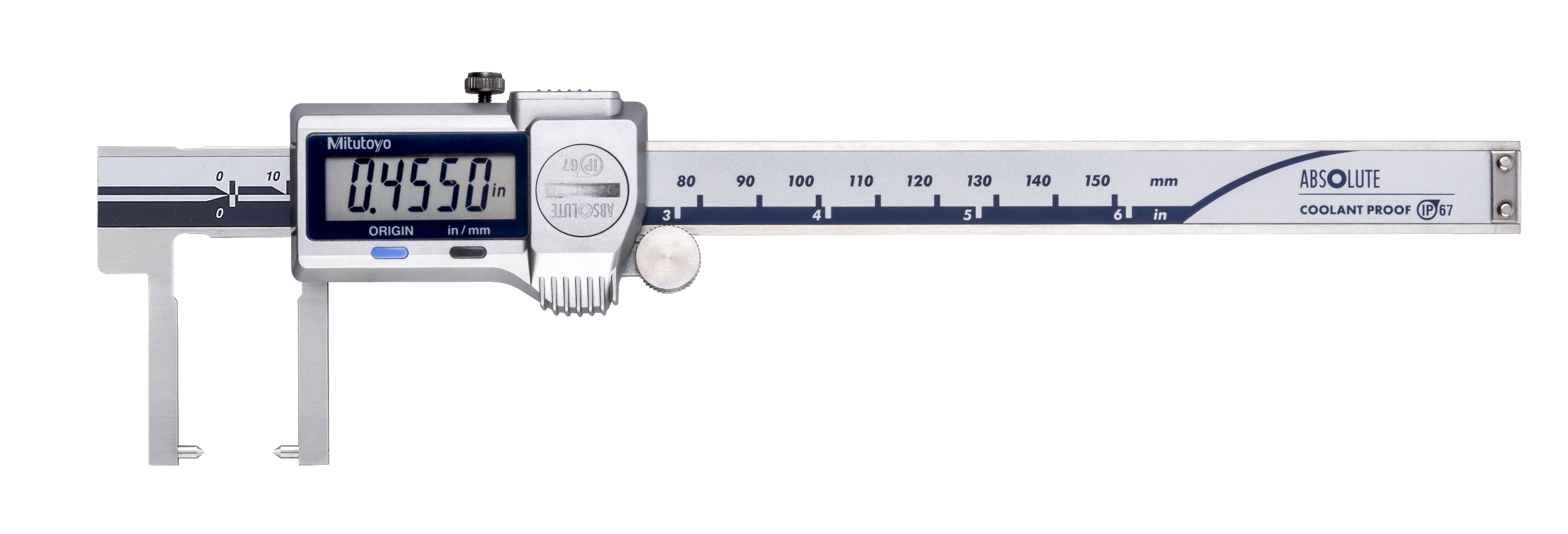 Mitutoyo, 573-752-20, 6 In/150mm, .0005 In/0.01mm, IP67 ABSOLUTE Digimatic  Neck (Point Jaw) Caliper, With SPC Data Output